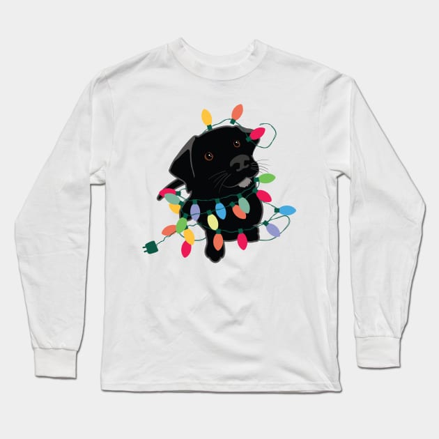 Puppy With Christmas Lights Long Sleeve T-Shirt by DesignCat